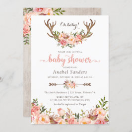 Floral Boho Antler Blush Chic Arrows Baby Dusche Einladung