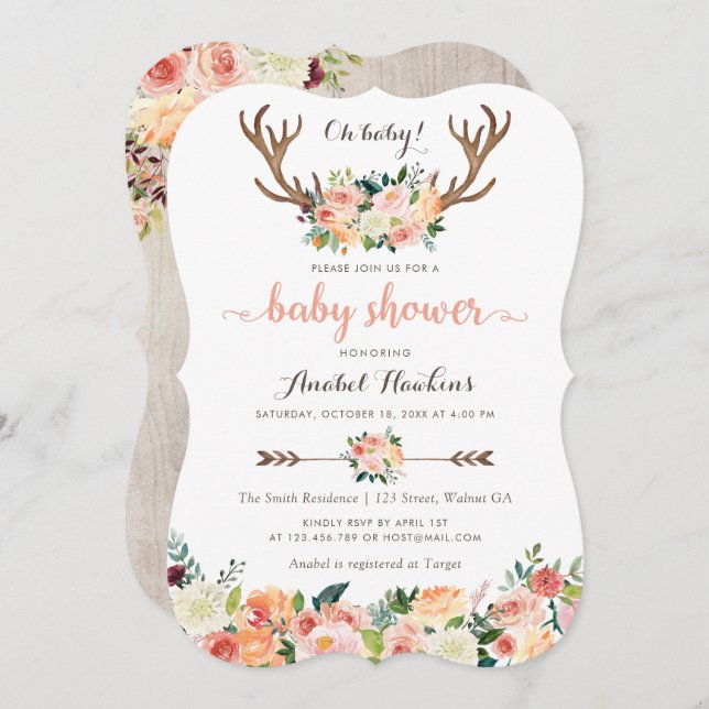 Floral Boho Antler Blush Peach Arrows Baby Einladung (Vorne/Hinten)