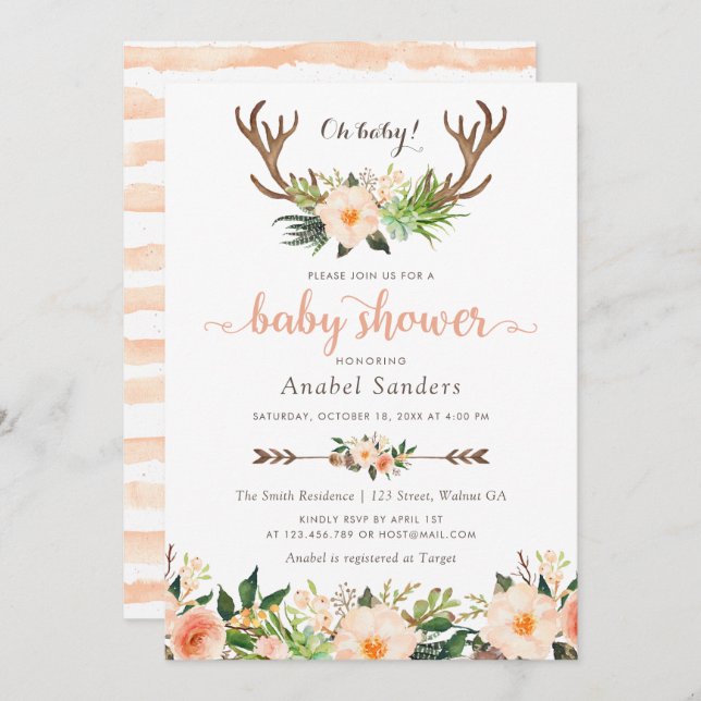 Floral Boho Antler Cactus Succulents Baby Shower Einladung (Vorne/Hinten)