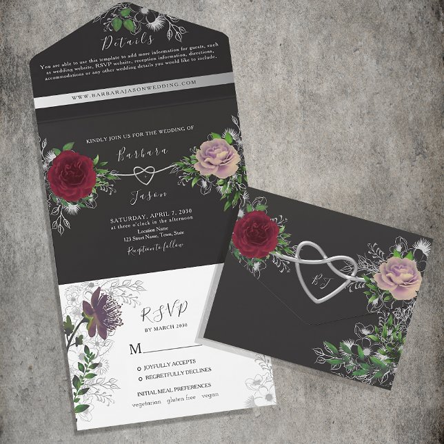 Floral Boho Black and White Wedding All In One Einladung (Von Creator hochgeladen)