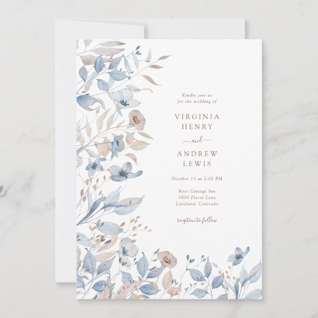 Floral Boho Blue Wedding Einladung (Vorderseite)
