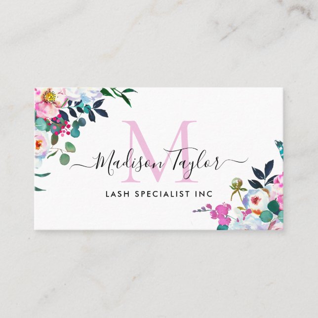 Floral Boho Blush Pink Peony Botanic Monogram Visitenkarte (Vorderseite)