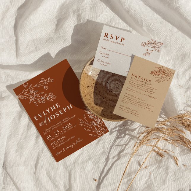 Floral Boho Burnt Orange Terracotta Herbal Wedding Einladung (Von Creator hochgeladen)