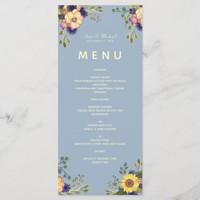 Floral Boho Dusty Blue Wedding Menu Menükarte (Vorderseite)