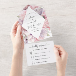Floral Boho Dusty Pink Lila Wedding RSVP All In One Einladung