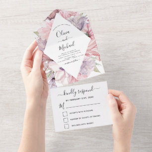 Floral Boho Dusty Pink Lila Wedding RSVP All In One Einladung