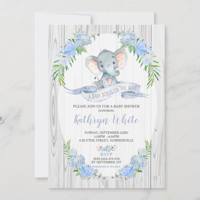 Floral Boho Elephant Baby Shower Einladung Junge (Vorderseite)