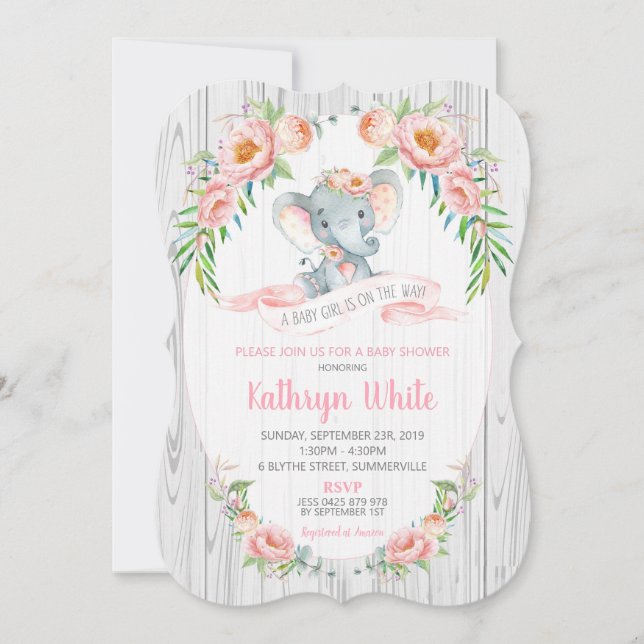 Floral Boho Elephant Baby Shower Invasion Girl Einladung (Vorderseite)