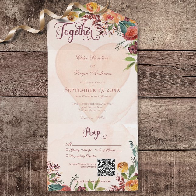 Floral Boho Heart Peach Jewel QR Code All In One Einladung (Floral Boho Heart Peach Jewel All In One Wedding Invitation with QR Code)