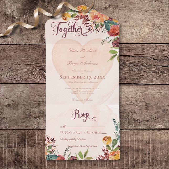 Floral Boho Herz Peach Jewel No Dinner All In One Einladung (Floral Boho Heart Peach Jewel All In One Wedding Invitation without Dinner Options)