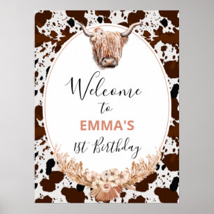 Floral Boho Highland Cow Geburtstag Willkommen Poster