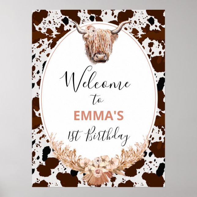 Floral Boho Highland Cow Geburtstag Willkommen Poster (Vorne)