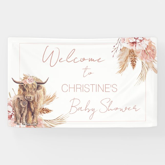 Floral Boho Kuh Calf Baby Dusche Begrüßungsbanner Banner (Horizontal)