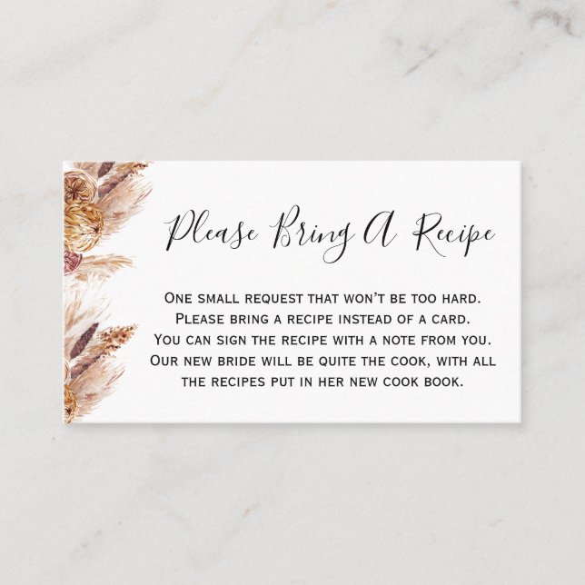 Floral Boho Pampas bringen Rezept Brautparty Card Visitenkarte (Vorderseite)