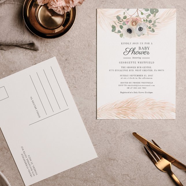 Floral Boho Pampas Grass Modern Girl Baby Dusche Einladungspostkarte (Von Creator hochgeladen)