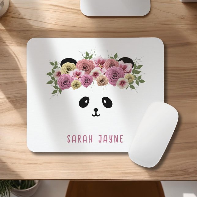 Floral Boho Panda Bear Girl Name Mouse Pad Mousepad (A pretty panda bear with flowers in her hair on this cute mousepad. Just add your name)