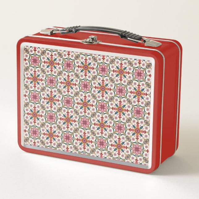 Floral Boho Pattern in Red, Pink & Teal Metall Brotdose (Vorderseite)