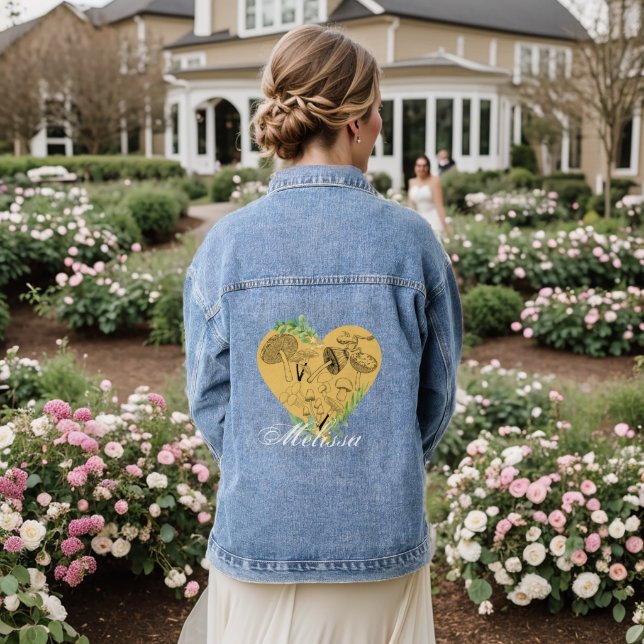 Floral-Boho-Pilze und Froschmonogramm Jeansjacke (Hochzeit Rückseite)