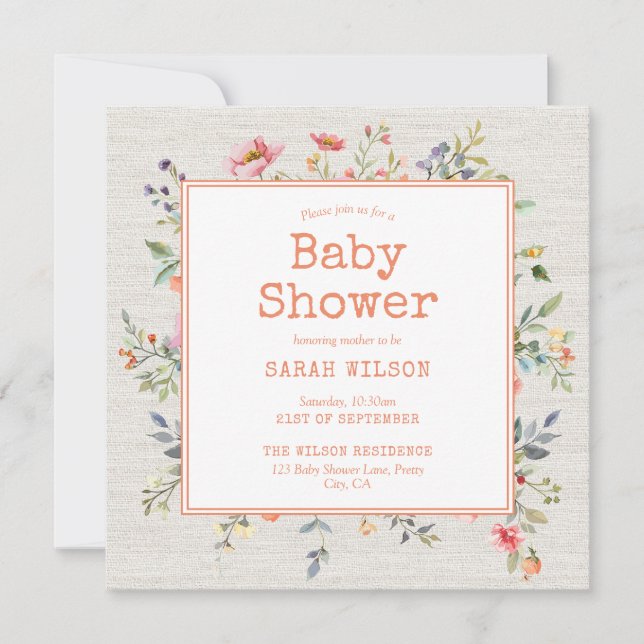 Floral Boho Rustic Botanical Square Babydusche Einladung (Vorderseite)