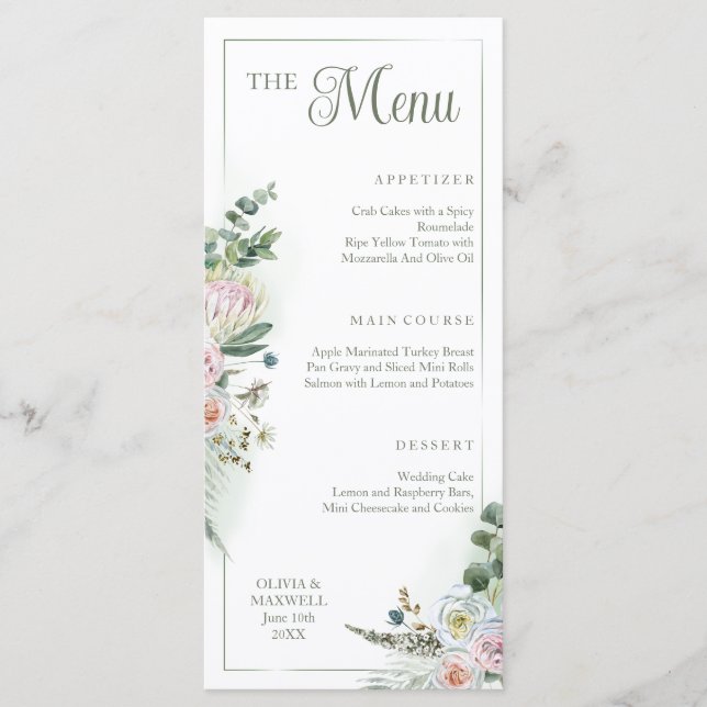 Floral Boho Sage Green Wedding Menu Menükarte (Vorderseite)