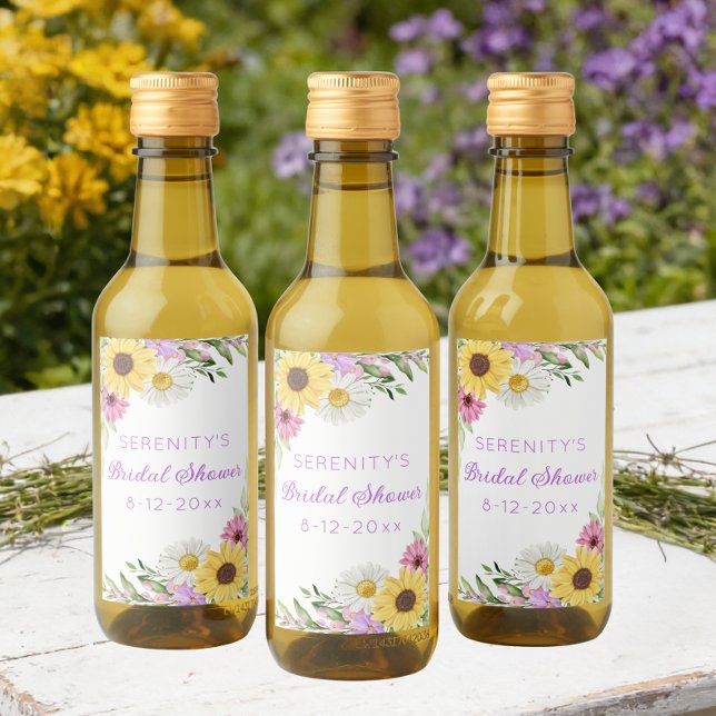Floral Boho Sunflower Daisy Bridal Shower Weinetikett (Von Creator hochgeladen)