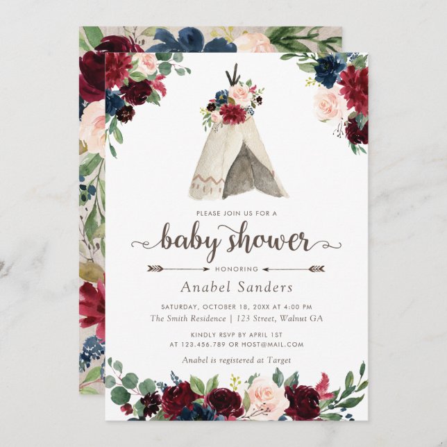Floral Boho Teepee Chic Arrows Tribal Baby Dusche Einladung (Vorne/Hinten)