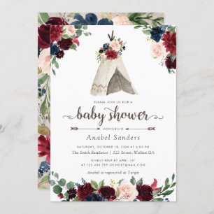 Floral Boho Teepee Chic Arrows Tribal Baby Dusche Einladung