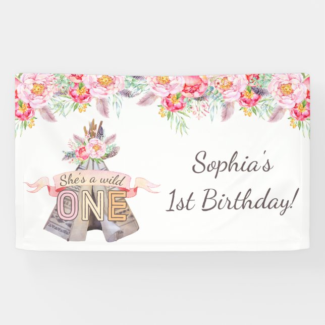 Floral Boho Tribal Teepee Wild 1 1. Geburtstag Banner (Horizontal)
