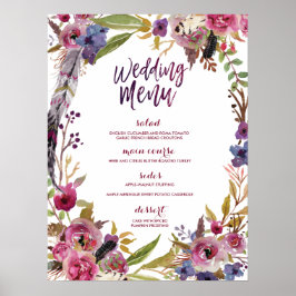 Floral Boho Watercolor Wedding Menu Sign Poster