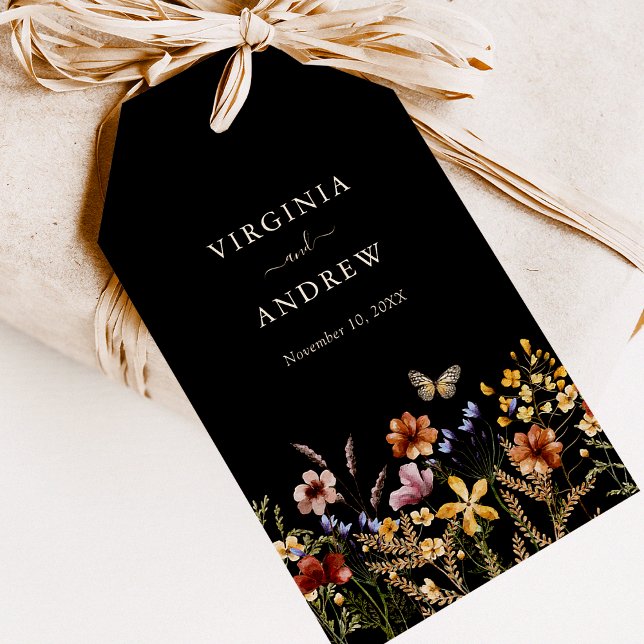 Floral Boho Wedding Geschenkanhänger (Black Floral Boho Wedding Gift Tags with Butterfly by Painted Paperie
)