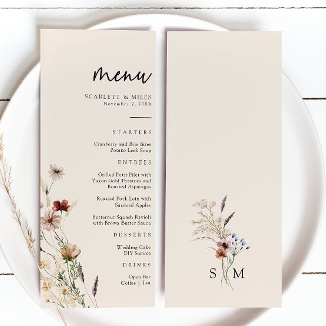 Floral Boho Wedding Menükarte (Tan Wildflower Floral Boho Wedding Menu by Painted Paperie
)