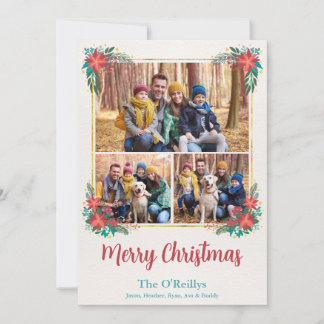 Floral Boho Weihnachts-Fotokarte, Gold Frame Feiertagskarte