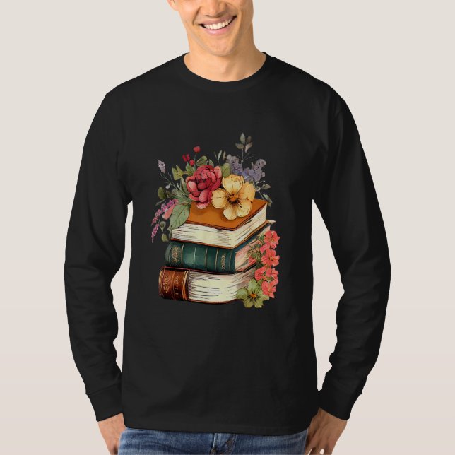 Floral Book Stack Reading Book  Old Books Flowers T-Shirt (Vorderseite)