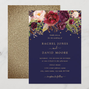 Floral Bordeaux Navy Gold Konfetti Hochzeitseinlad Einladung