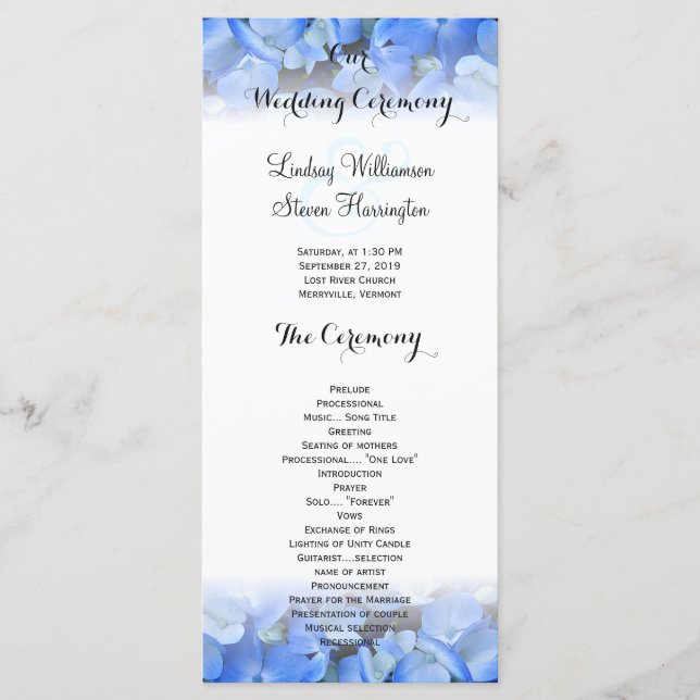 Floral Border Blue Hydrangea Wedding Tall Program Programm (Vorderseite)