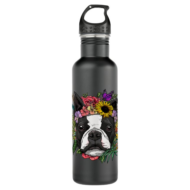 Floral Boston Terrier Botanische Pflanze Blume Wel Edelstahlflasche (Vorderseite)