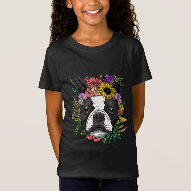 Floral Boston Terrier Dog Spring Nature Dog Liebha T-Shirt (Vorderseite)