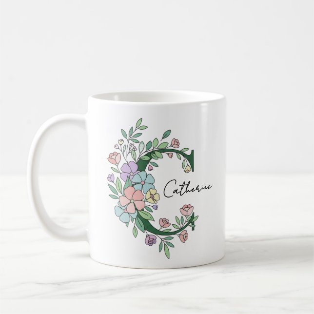 Floral Botanical Monogram | Custom Text Elegant Co Kaffeetasse (Links)
