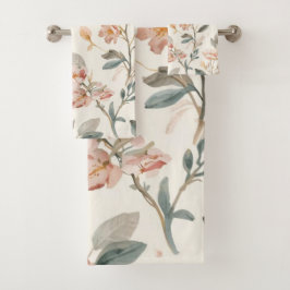 Floral Botanical Watercolor Leaves Beige Painted Badhandtuch Set