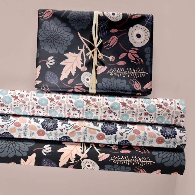 Floral Botanicals Trio Entdeckungsreise Geschenk Geschenkpapier Set (Botanical Floral Trio Prints Black Blue Pink Wrapping Paper Sheets from Studio Posies. )