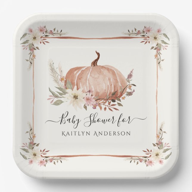 Floral Botanischer Fall Pumpkin Baby Girl Dusche Pappteller (Vorderseite)