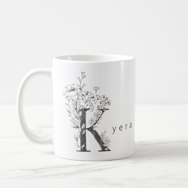 Floral Botanisches Monogramm "K" Custom Text Elega Kaffeetasse (Links)