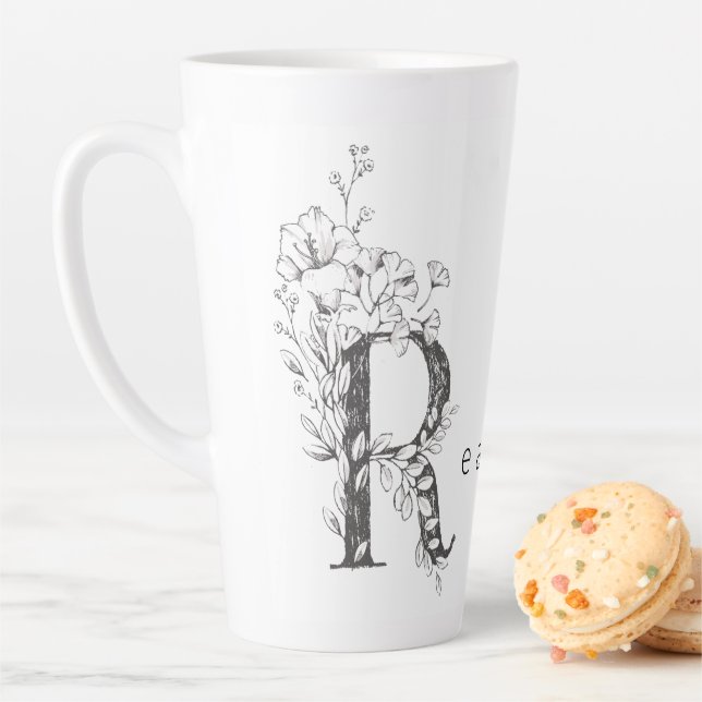 Floral Botanisches Monogramm "R" Custom Text Elega Milchtasse (Beispiel)