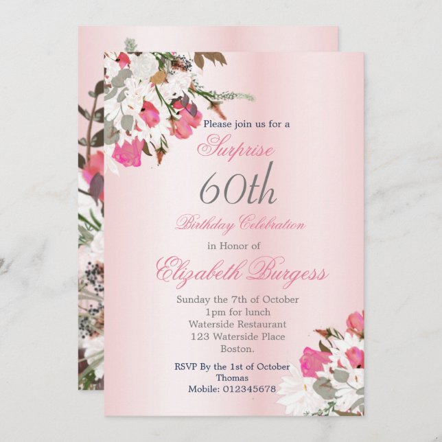 Floral Bouquet Elegant Rosa 60. Geburtstag Einladung (Vorne/Hinten)
