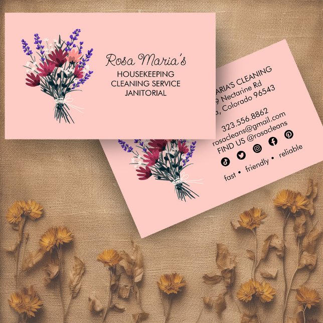 Floral Bouquet House Reinigungsservice Soziale Sym Visitenkarte (Floral Bouquet House Cleaning Service Social Icons Business Card
)