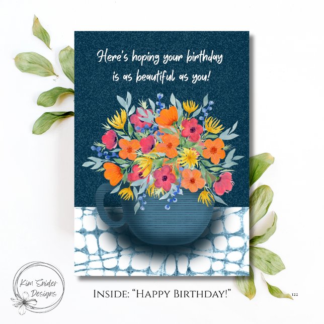 Floral Bouquet in Navy Blue mug Birthday Karte (Von Creator hochgeladen)