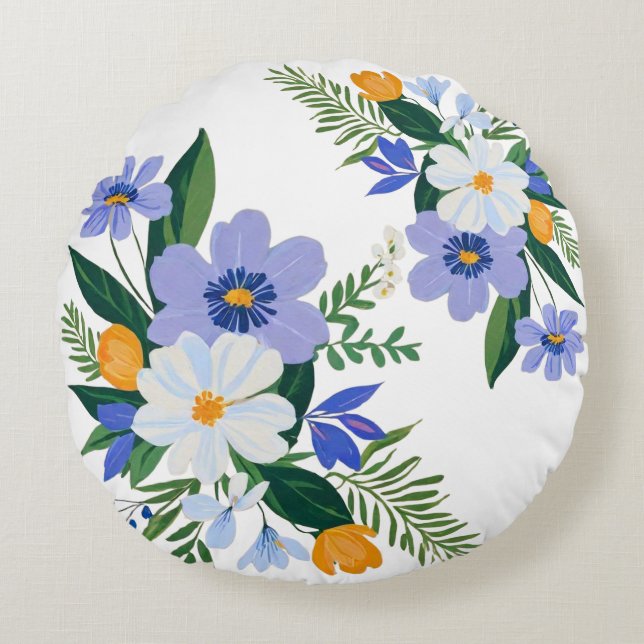 Floral Bouquet Lila Orange Rundes Kissen (Vorderseite)