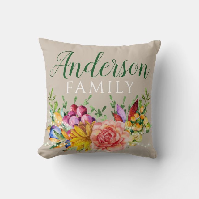 Floral Bouquet mit Familienname Kissen (Vorderseite)