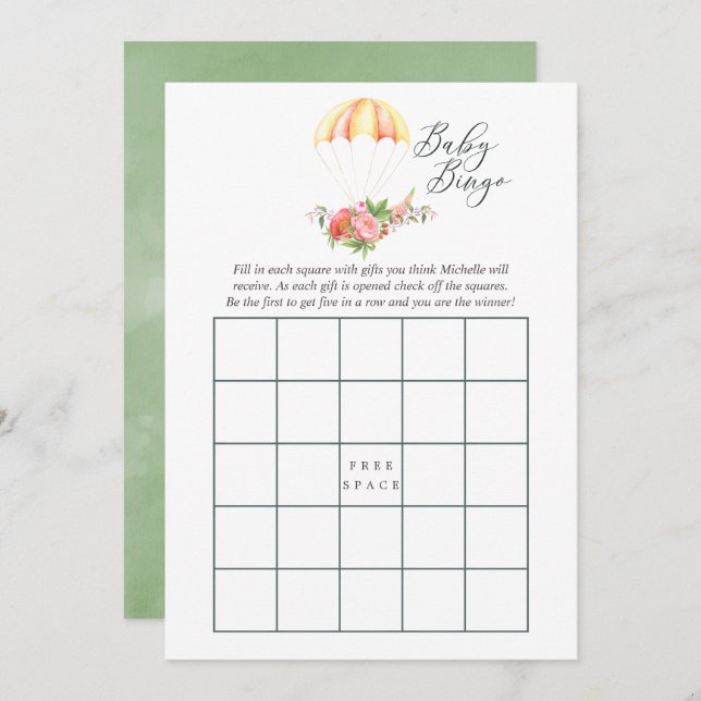 Floral Bouquet Parachute Baby Dusche Bingo Einladung (Vorne/Hinten)
