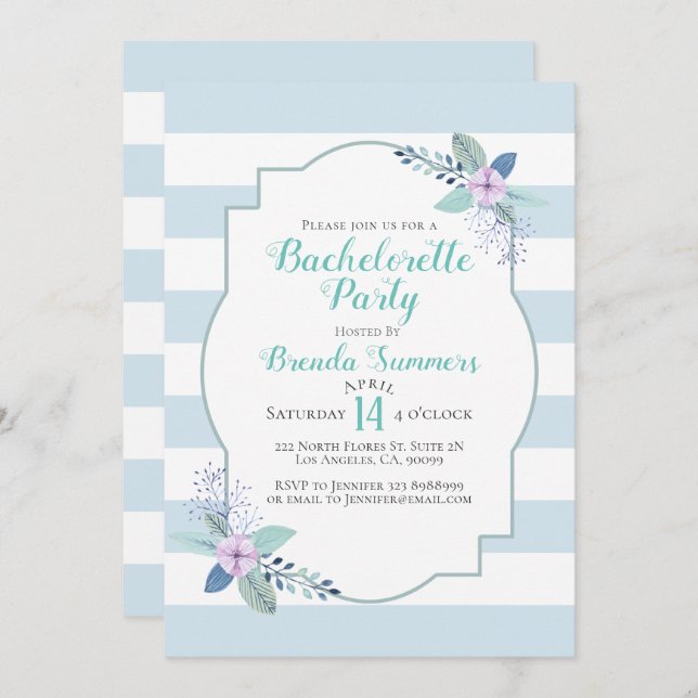 Floral Bouquet Pastel Stripes Bachelorette Einladu Einladung (Vorne/Hinten)